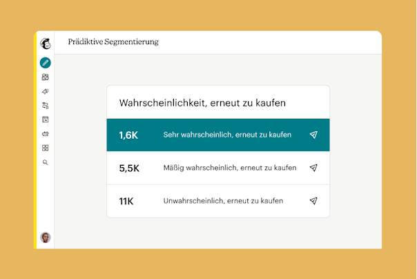 Ein prädiktives Segmentierungsdiagramm, das die Wahrscheinlichkeit eines erneuten Kaufs durch Kunden in drei Kategorien zeigt: 16.000 sehr wahrscheinlich, 5.500 mäßig wahrscheinlich und 11.000 unwahrscheinlich