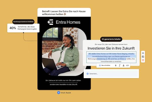 Marketingoberfläche, die die Entra Homes-Kampagne mit KI-generierten Inhalten und Einblicken vor gelbem Hintergrund zeigt
