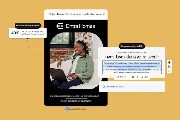 Interface marketing présentant la campagne Entra Homes avec du contenu et des analyses générés par l’IA, affichés sur fond jaune