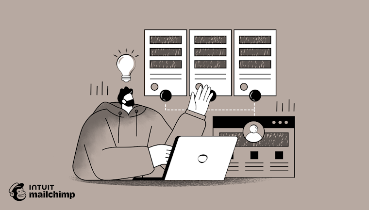 Illustration of two stick figures collaborating at a desk with a lightbulb above, showing Intuit and Mailchimp logos below