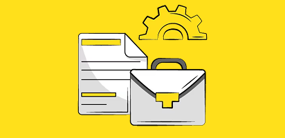 minimalist icons in black and white against yellow backgrounds showing payment cards, gears, and documents