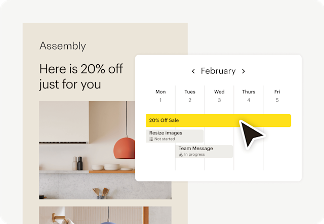 Image of an abstract discount email interface from the fictitious brand Assembly, alongside floating Abstract User Interface of Mailchimp's Campaign Manager. The visual demonstrates how businesses can use the feature to engage customers and create seamless campaigns across email, social, and more. 