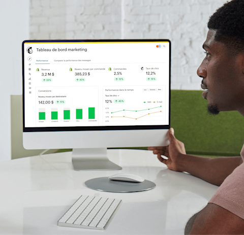 Image d’un ordinateur de bureau dont l’écran affiche le tableau de bord marketing de Mailchimp. Le visuel montre les tendances et les informations générées, illustrant la façon dont les outils d’analyse peuvent aider à créer des campagnes attrayantes et à favoriser les conversions.