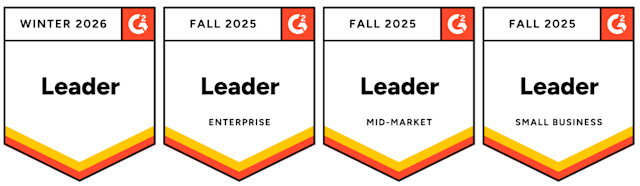 Four G2 Grid Leader badges for Fall 2025, showing awards in Small Business, Mid-Market, and Enterprise categories with chevron designs
