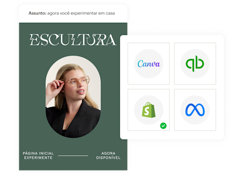 Pessoa usando óculos com armação laranja contra fundo rosa com o texto "Elementary Eyewear" e logotipos de Woo, Magento, BigCommerce e Vimeo.