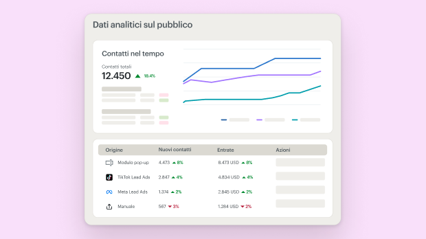 Dashboard di dati analitici che mostra le metriche di crescita del pubblico con grafici a linee e tabelle di dati che tracciano contatti, origini e interazioni nel tempo