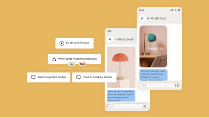 Zwei SMS-Nachrichten, die von Mailchimp gesendet wurden. Links davon befindet sich ein Journey-Flow, der bestimmt, ob einem Kunden eine Prämien-SMS oder eine Treue-Anmelde-SMS gesendet werden soll.