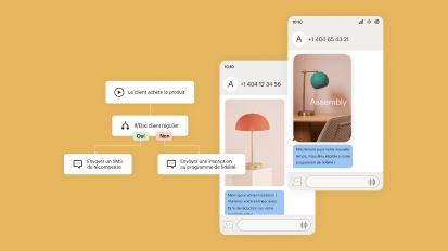 Deux SMS envoyés depuis Mailchimp. À leur gauche se trouve le flux de parcours client qui détermine s'il faut envoyer au client un SMS de récompense ou un SMS d'inscription au programme de fidélité.