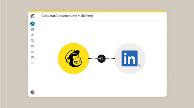 Interface de conexão mostrando o logotipo do Mailchimp em um círculo amarelo ligado ao logotipo do LinkedIn em azul, com a opção de conectar/desconectar