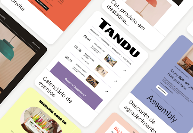 Uma variedade de temas disponíveis no Mailchimp, aplicados a layouts pré-criados como "calendário de eventos" e "desconto de agradecimento".
