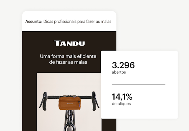 Um exemplo de e-mail de marketing exibido ao lado de estatísticas de abertura e cliques do Mailchimp.