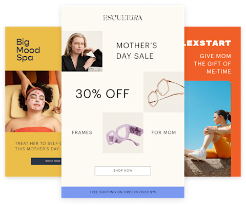 A collage of promotional images showing eyewear, plants, and fitness content with text overlays for SMS signup and deals