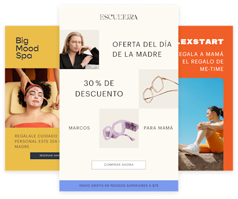 Un collage de imágenes promocionales que muestra gafas, plantas y contenido de entrenamiento con superposiciones de texto para suscribirse por SMS y obtener ofertas