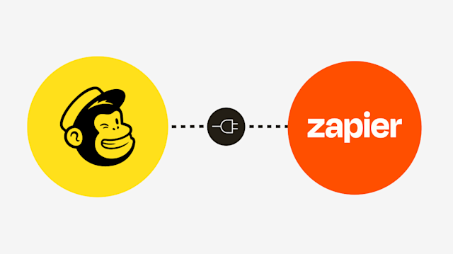 Mailchimp and Zapier logos connected by a plug icon showing the Zapier and Mailchimp integration.